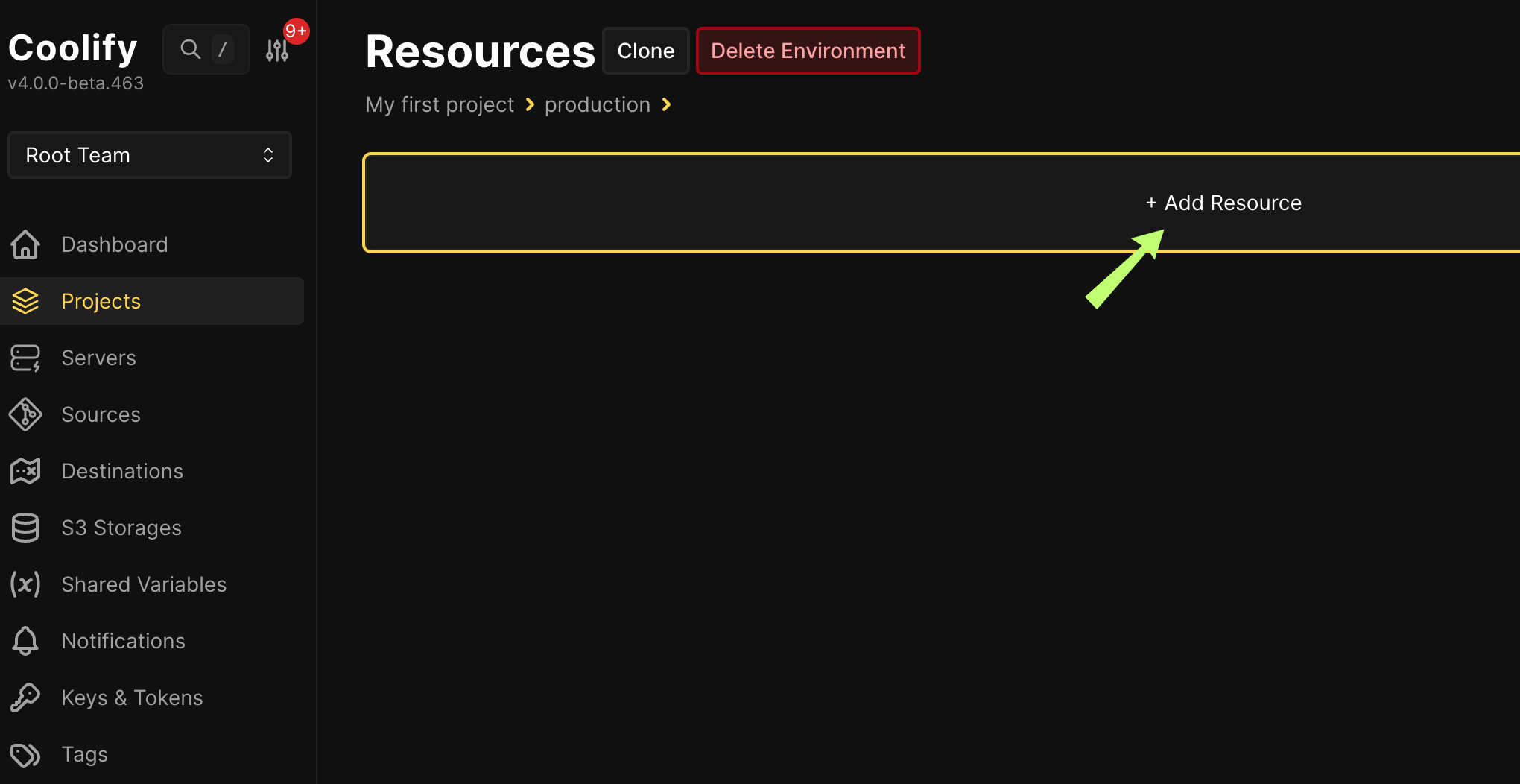 Coolify Ressource hinzufügen