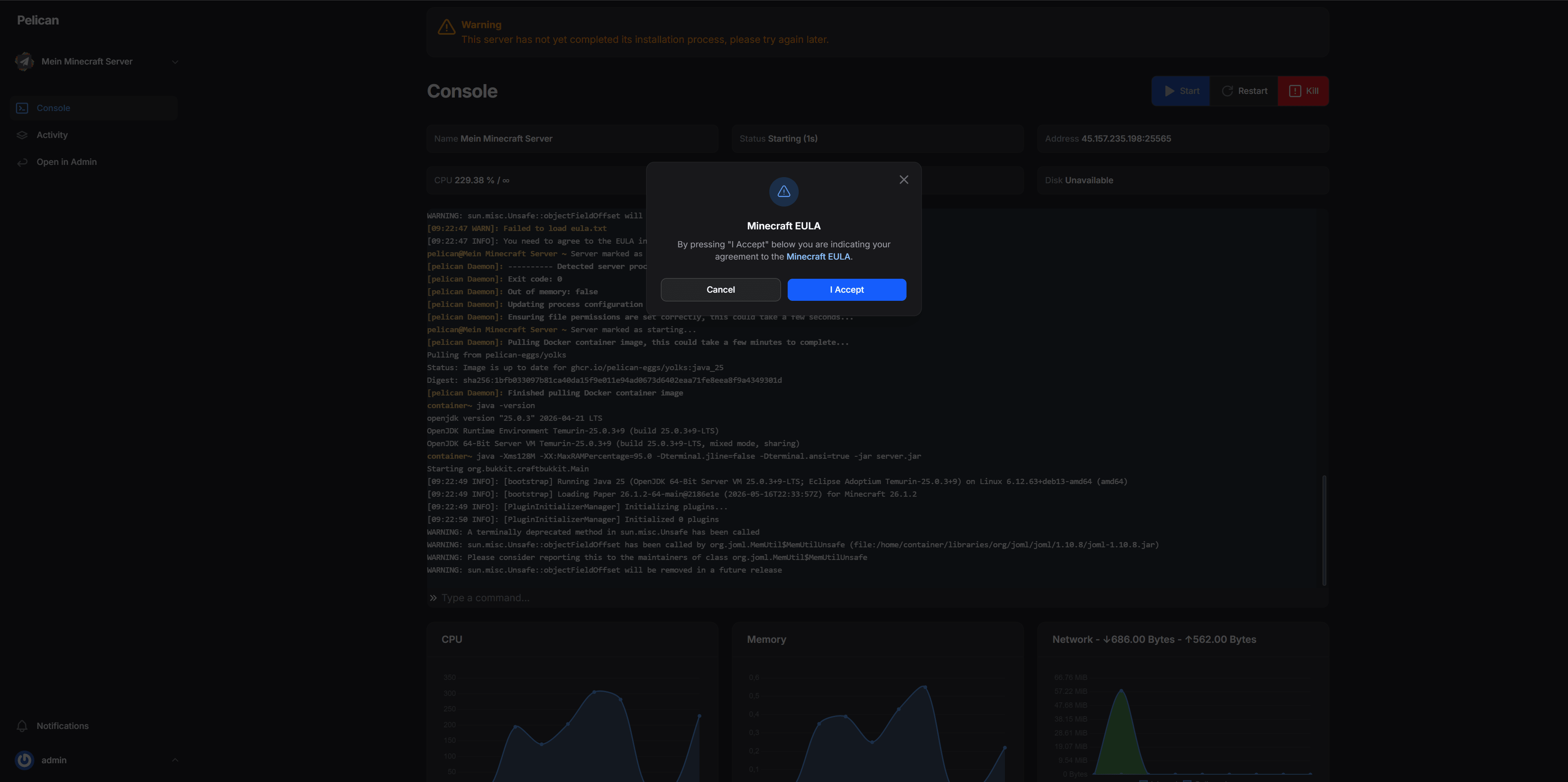 Pelican Panel: laufender Minecraft-Server in der Konsole mit EULA-Prompt