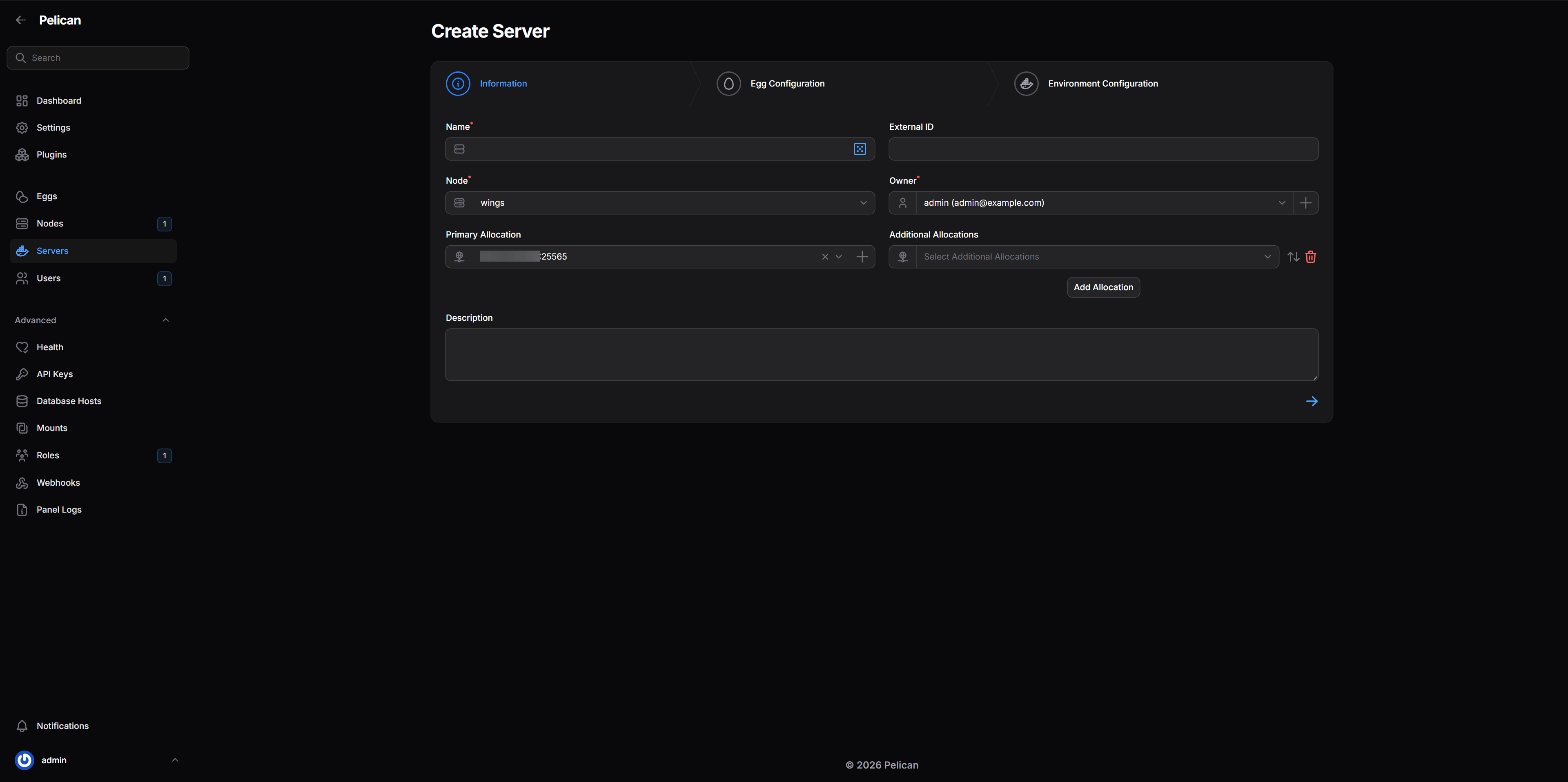 Pelican Panel: Server-Erstellung mit Node, Allocation und Egg
